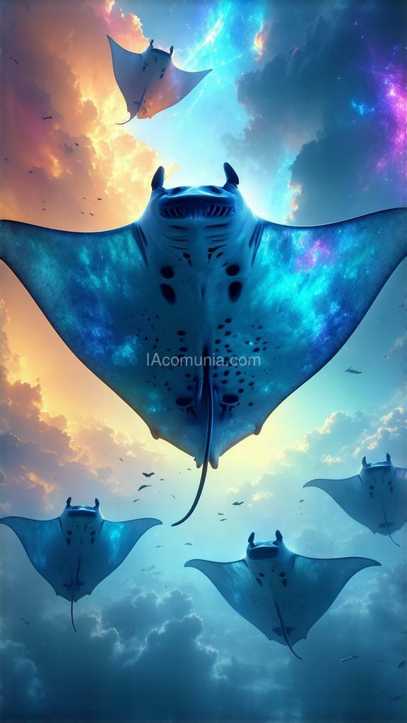 Imagen generada por IA en la comunidad IAcomuia: Floating manta ray sanctuary, vibrant and colorful, high quality, 4k, ultra-detailed, surreal, fantasy art, airborne manta rays, glowing auras, sky ocean, mystical clouds, vibrant colors, serene lighting.