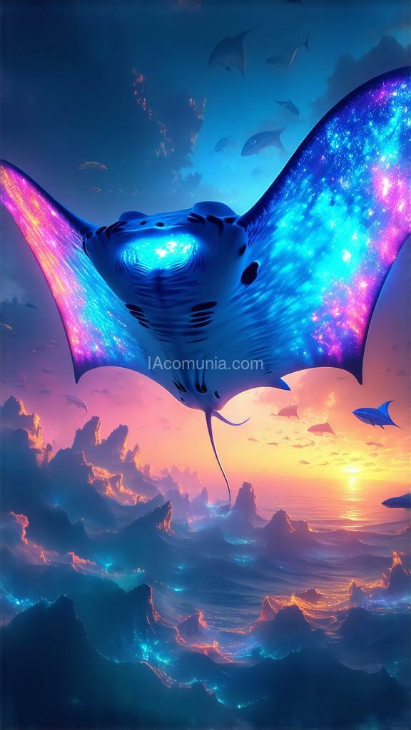 Imagen generada por IA en la comunidad IAcomuia: Floating manta ray sanctuary, vibrant and colorful, high quality, 4k, ultra-detailed, surreal, fantasy art, airborne manta rays, glowing auras, sky ocean, mystical clouds, vibrant colors, serene lighting.