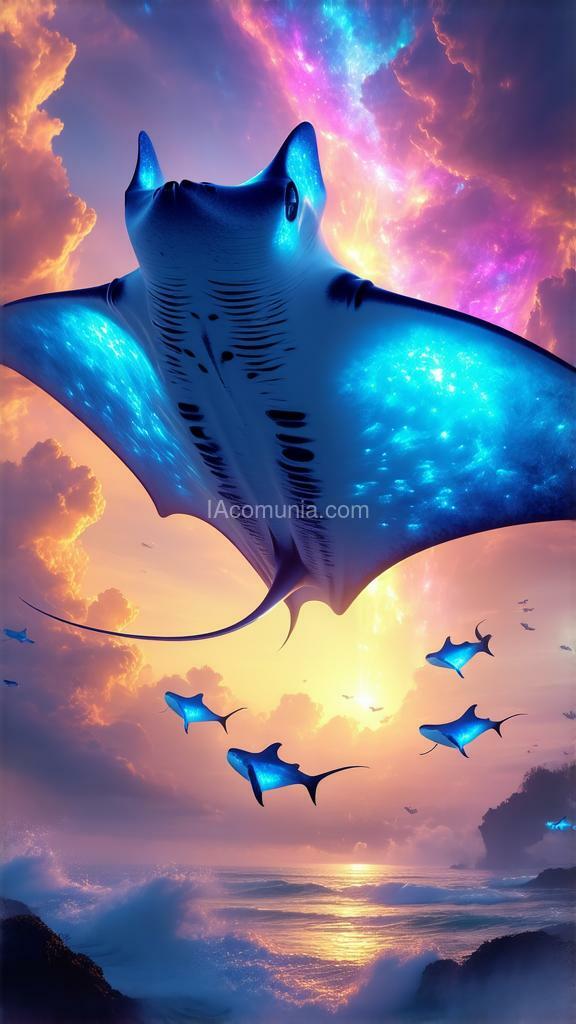 Imagen generada por IA en la comunidad IAcomuia: Floating manta ray sanctuary, vibrant and colorful, high quality, 4k, ultra-detailed, surreal, fantasy art, airborne manta rays, glowing auras, sky ocean, mystical clouds, vibrant colors, serene lighting.