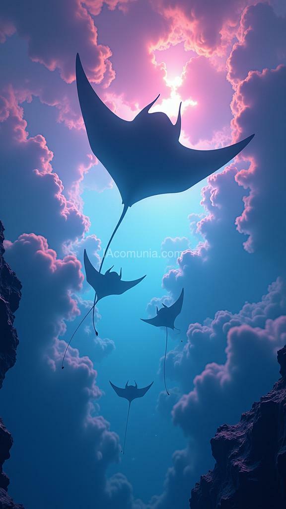 Imagen generada por IA en la comunidad IAcomuia: Floating manta ray sanctuary, vibrant and colorful, high quality, 4k, ultra-detailed, surreal, fantasy art, airborne manta rays, glowing auras, sky ocean, mystical clouds, vibrant colors, serene lighting.