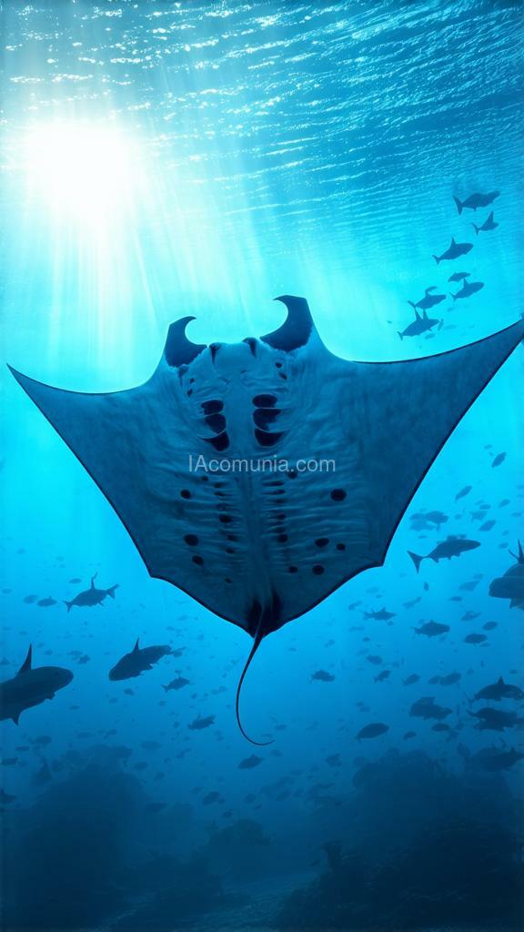 Imagen generada por IA en la comunidad IAcomuia: Floating manta ray sanctuary, bold and dramatic, high quality, 4k, ultra-detailed, surreal