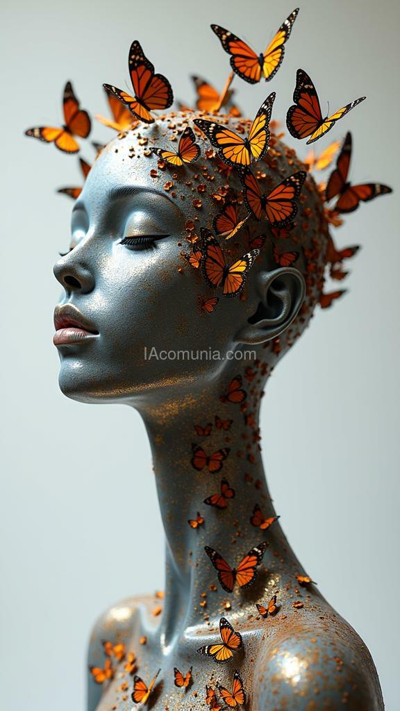 Imagen generada por IA en la comunidad IAcomuia: The molecular sculpture of a head with an exceptionally long neck depicts a serene head from which platinium butterflies emerge through a crack. the face, with its serene expression, is inspired by the hallucinations of yayoi kusama.