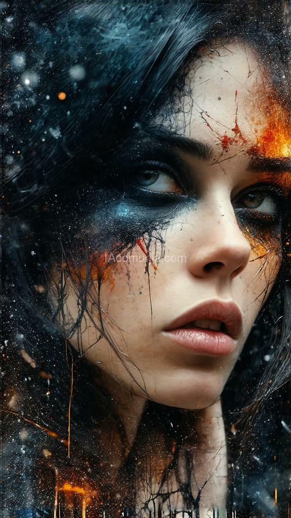 Imagen generada por IA en la comunidad IAcomuia: Canon_eos.dng: by bastien lecouffe-deharme , by carne griffiths and wadim kashin, scifi artwork by roblunda mccallum, camera facing, extreme face close up , spicy realism, pulp fiction inspired, airbrush art, a stunningly realistic (((3d alcohol ink double exposure illustration))), where the main image is a (an abstract photo of spicy buxom mia goth as a victorian pin up female portrait with paint splashes, dancing in the void, in the style of ralph steadman, photographed by helmut newton, with a digital art style, ivory color scheme, symbolic beautiful black old slavic patterns on the face, glitchcore, unique facial features, hauntingly beautiful illustrations, ethereal details) with intricate details and a (long exposure backdrop) that meld together in a (softly blended double exposure effect). the interplay of colors and (iridescent,patterns) creates a surreal optical illusion, with a (ethereal black haired sparklecore female figure) whose dress and (extremely long, flowing hair) blends seamlessly with the (ethereal surroundings). the overall atmosphere exudes an air of (fantasy and enchantment) that makes the piece a (masterful artistry)