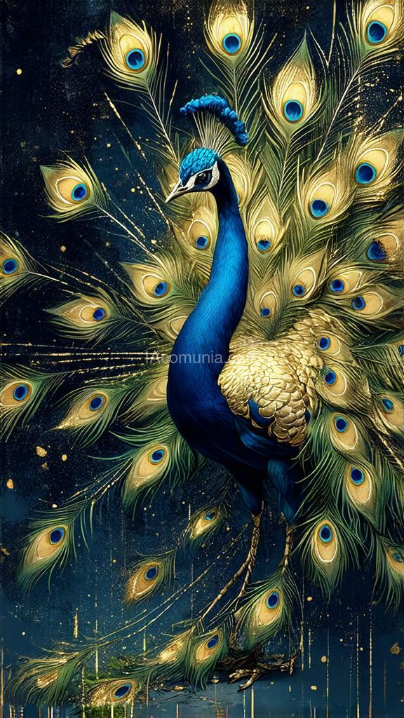 Imagen generada por IA en la comunidad IAcomuia: "generate a photorealistic concept poster: a regal peacock stands prominently in the foreground, its body oriented to the left, with intricate, gold-tipped tail feathers (#d4af37) unfurled in a stunning display. each feather is meticulously detailed with iridescent eyespots and glossy textures, casting a subtle, natural shadow on the feathers below. the peacock's body is adorned with rich, lustrous navy blue (#000080) plumage that shimmers under soft, indirect lighting. the bird's golden beak and crest add a regal touch, reflecting the warm, golden hues. the background consists of a deep, gradient navy blue sky (#000080), gradually darkening towards the top edge, signifying dusk or dawn. subtle hints of gold (#d4af37) are scattered across the sky in the form of tiny, distant stars or faint, wispy clouds, providing a sense of depth and harmony with the peacock's feathers. the poster should have a high-contrast, photographic quality, with sharp focus on the peacock and a gentle blurring effect towards the edges of the frame. the overall composition should capture the elegance and majesty of the peacock against the tranquil, luxurious backdrop."