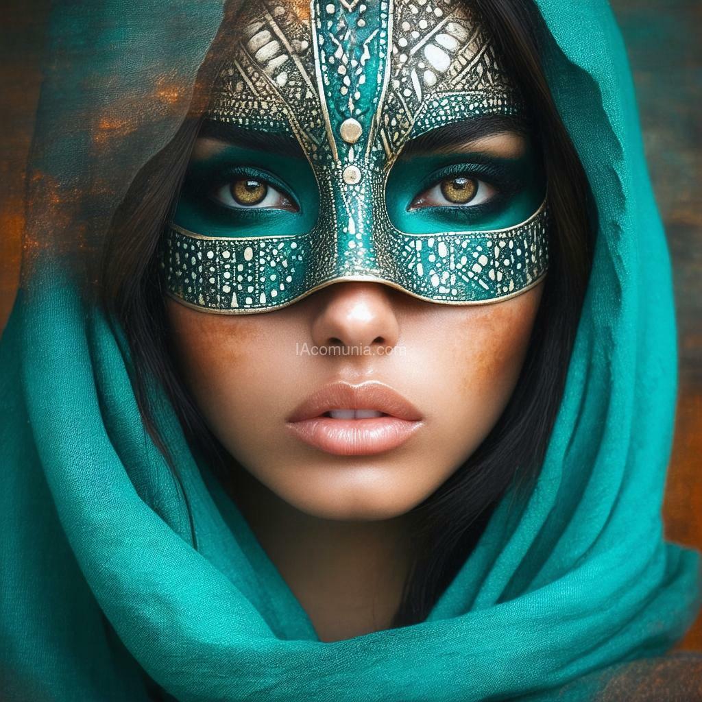 Imagen generada por IA en la comunidad IAcomuia: Hyper detailed, amazing intricately designed, ((portrait of an half face)) of a intriguing woman , turquoise intarsiate hood, kodak portra, film grain, crisp, sharp, colour pops, with amazing inlaid mask covering the whole face, with a unique and mysterious appearance,, atmospheric setting. the mask is painted with rich and textured colors, including deep turquoise , deep oranges, and ivory, each adorned with detailed patterns of geometric and tribal designs that give them a ceremonial and otherworldly feel. the mask in inlaid into the face , has a terrific feeling, the mask is inlaid into the face