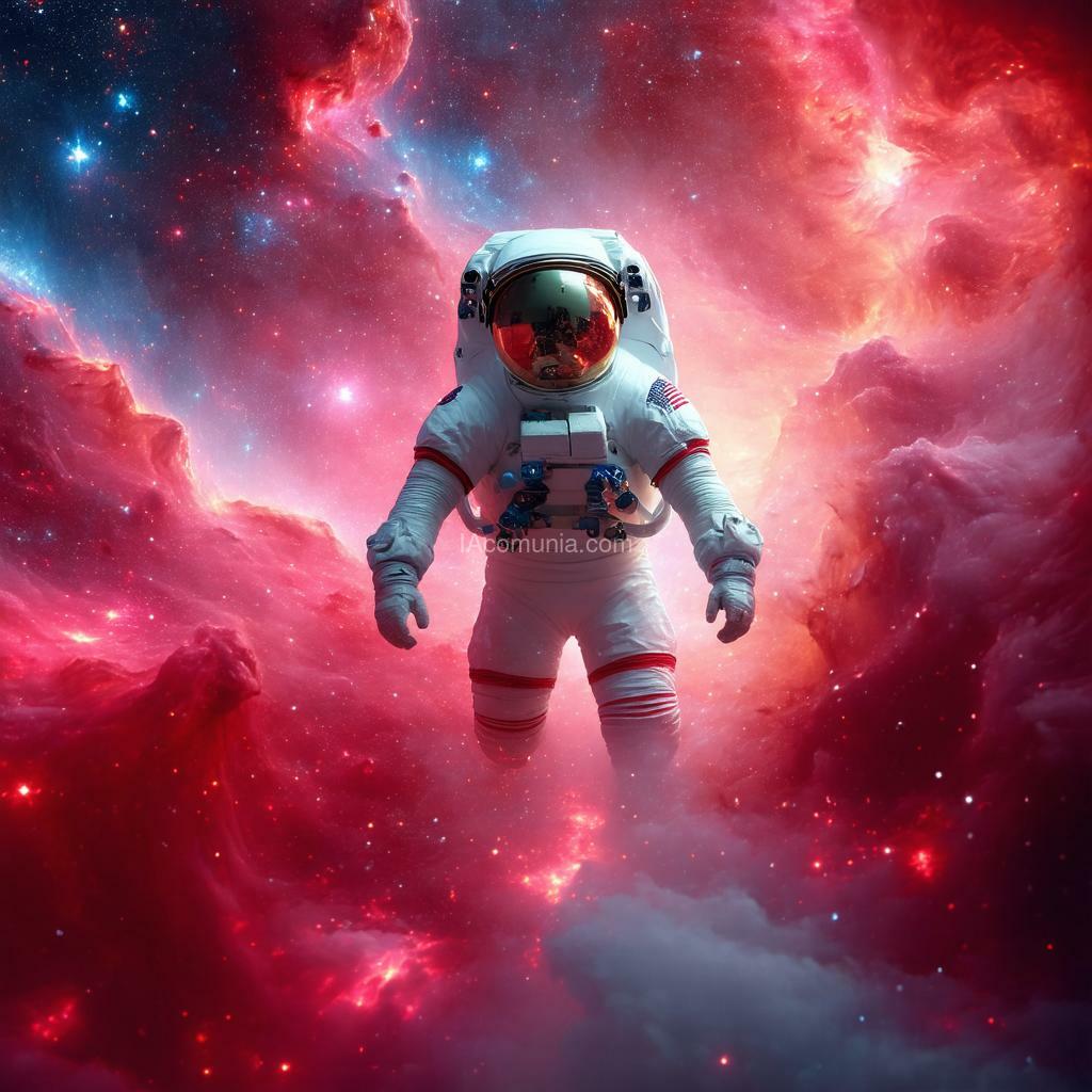 Imagen generada por IA en la comunidad IAcomuia: Create a photorealistic image of a single astronaut in a detailed space suit floating in the center of a vibrant nebula. the nebula should consist of swirling bright red and shimmering silver gases with dynamic textures and gradients. the astronaut’s helmet visor must prominently reflect the colorful cosmic expanse, including stars and nebular patterns. use a bright red and silver color scheme throughout the image, ensuring high-detail rendering and realistic lighting to emphasize the contrast between the astronaut and the surrounding space.