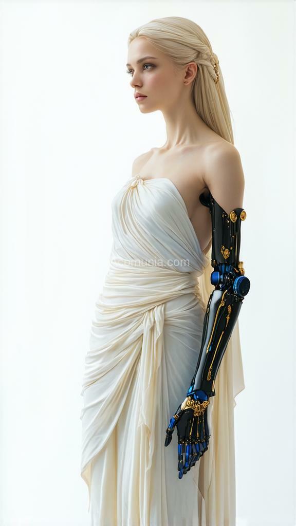 Imagen generada por IA en la comunidad IAcomuia: A beautiful cyborg blonde woman with a prosthetic arm made from porcelain, wrapped in sheer ivory fabric like a greek goddess, standing confidently, in a full-body photograph. the porcelain prosthetic is black and blue with gold accents