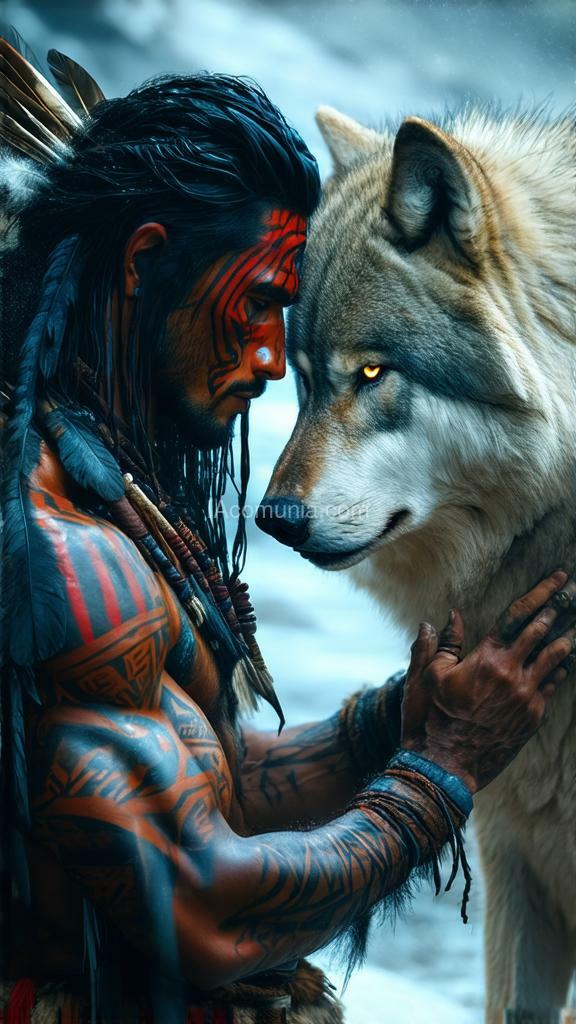 Imagen generada por IA en la comunidad IAcomuia: A **super detailed**, hyper-realistic surrealistic portrayal of a powerful connection between a tribal warrior and a majestic white wolf. the warrior, with his face painted in tribal patterns of red and white, presses his forehead gently against the wolf’s, his hand resting softly on the wolf's fur. his long, dark hair is adorned with feathers, and his muscular body is covered in intricate, ancient tattoos that glow faintly in the dim light. **created by sasan.** the wolf’s fur is depicted in exquisite detail, each strand seeming to catch the light, while its piercing blue eyes glow with an intense, otherworldly wisdom. the scene is surrounded by a swirling, ethereal mist, blending the forms of the man and wolf, symbolizing a deep spiritual bond between them. the juxtaposition of the wild, untamed nature of both figures and the calm, reverent gesture they share creates a striking and emotive visual. the contrast between the human and the beast is softened by their mutual understanding, bridging the divide between man and nature. created by sasan.