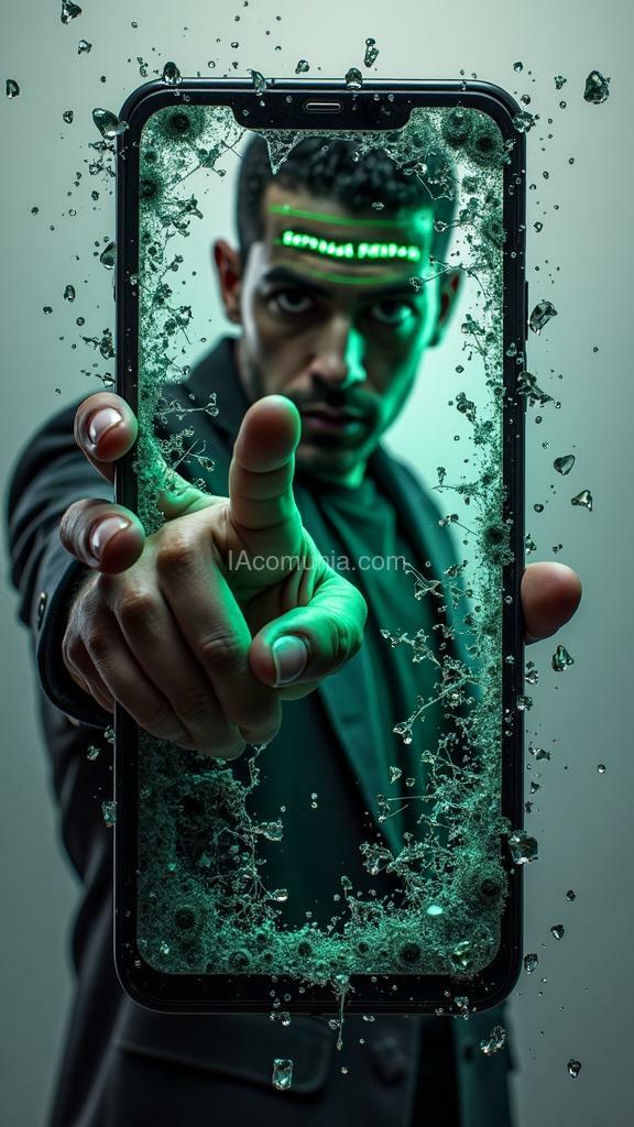 Imagen generada por IA en la comunidad IAcomuia: Realistic, detailed, accurate, hdr, stunning digital oil painting captures cybercriminal hacker emerging from the shattered screen of a sleek dark grey android cell phone with hand reaching out of the phone grabbing the viewer. the cracked display showcases the cybercriminal hacker ‘s upper body with glowing green tattoo “hacker” on his forehead while the surrounding glass shards create a sense of depth. in the background, the light dark grey hue continues, with an explosion of glass from the cell phone screen, adding to the surreal and dreamlike atmosphere.