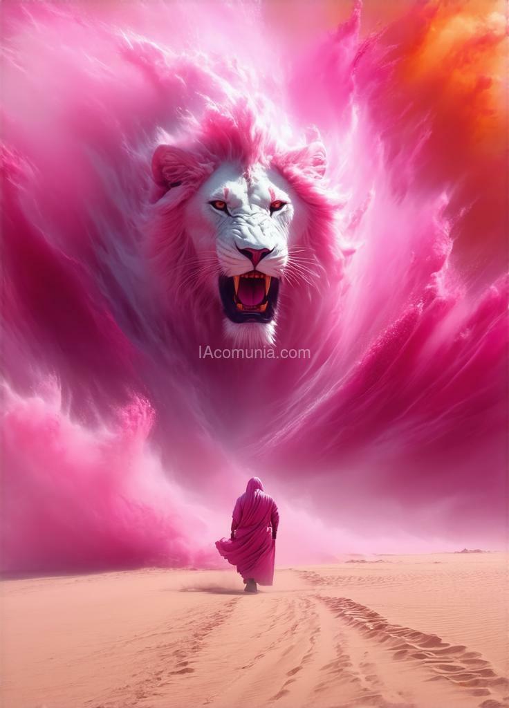 Imagen generada por IA en la comunidad IAcomuia: A stunning, high-resolution 8k masterpiece featuring a dramatic abstract interpretation of a massive pink sandstorm raging through the desert. the swirling pink dust and sand create a chaotic, turbulent scene, reminiscent of a roaring white lion. the white lion's body is enveloped by the wind, while its vivid, fierce expression captures the intensity of the tempest. amidst the turmoil, a solitary figure dressed in robes walks confidently towards the lion's face, braving the destructive elements. the warm orange light penetrates the chaos, casting a serene glow on the scene. the soft, realistic lighting and perfectly detailed visuals create an awe-inspiring wide long shot. hand-signed by the renowned artist "el magnifico" in the bottom right corner, this piece is truly a visual masterpiece.