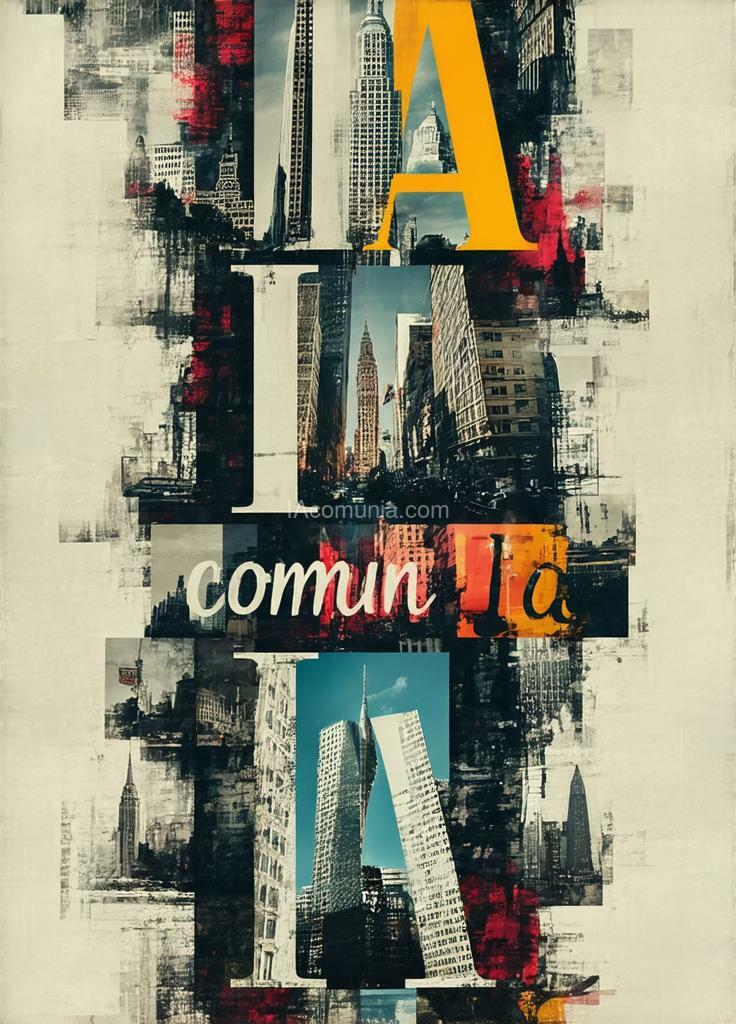 Imagen generada por IA en la comunidad IAcomuia: A stunning high-contrast, cinematic photo-style vertical collage of iconic landmarks and scenes from new york city, with each letter of 'ia comun ia' featuring a different, dynamic scene. the overall mood is vibrant and bustling, capturing the essence of the city.