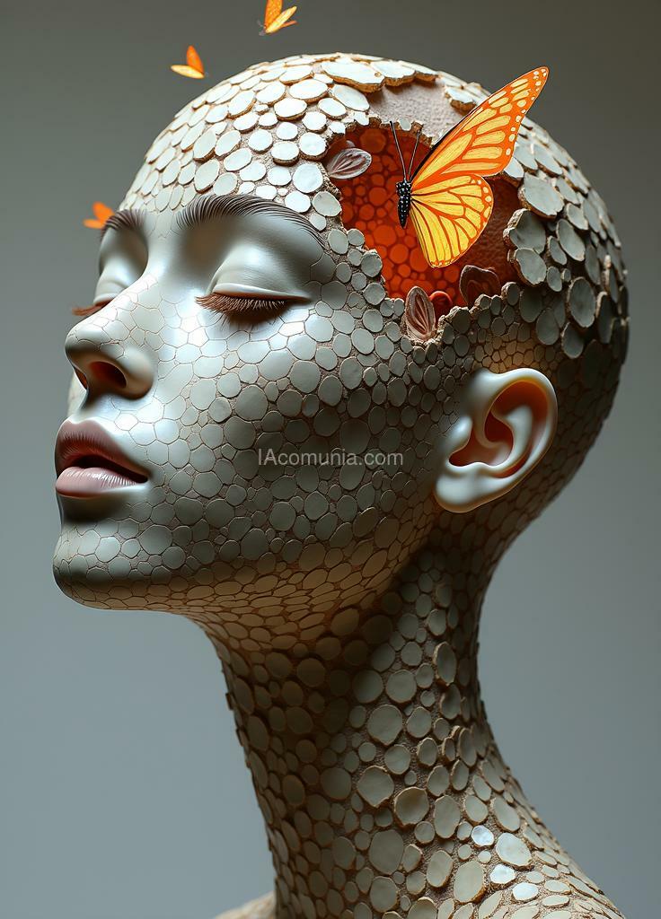 Imagen generada por IA en la comunidad IAcomuia: The molecular sculpture of a head with an exceptionally long neck depicts a serene head from which platinium butterflies emerge through a crack. the face, with its serene expression, is inspired by the hallucinations of yayoi kusama.