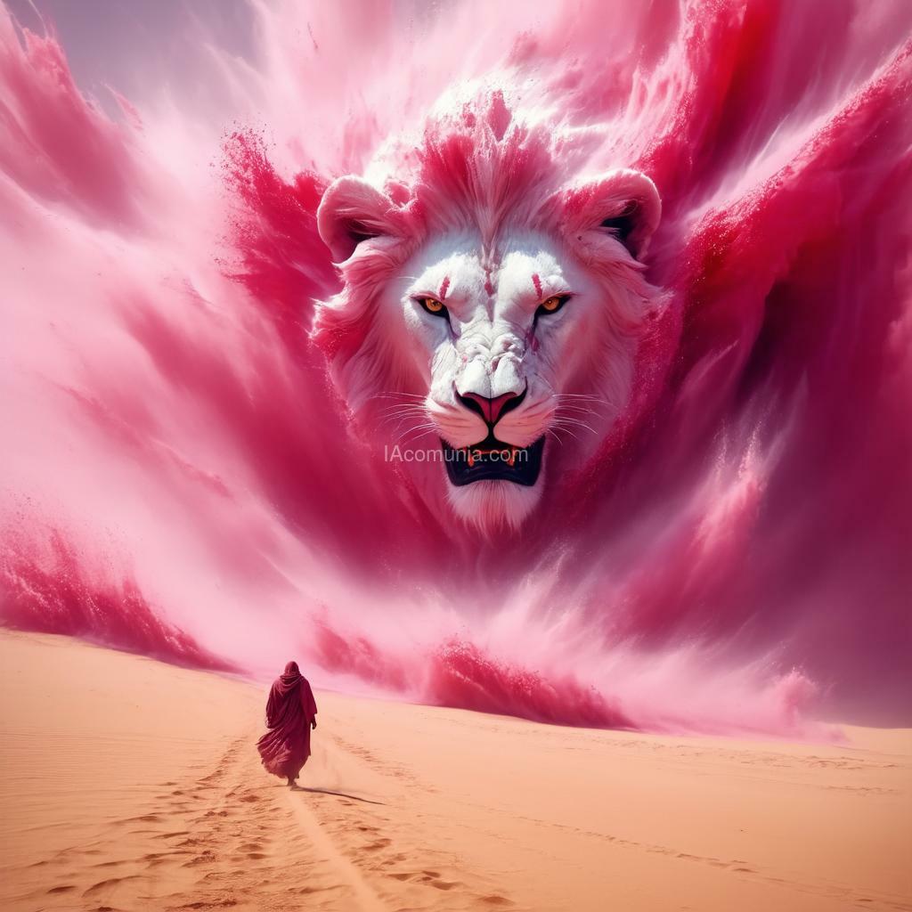 Imagen generada por IA en la comunidad IAcomuia: A stunning, high-resolution 8k masterpiece featuring a dramatic abstract interpretation of a massive pink sandstorm raging through the desert. the swirling pink dust and sand create a chaotic, turbulent scene, reminiscent of a roaring white lion. the white lion's body is enveloped by the wind, while its vivid, fierce expression captures the intensity of the tempest. amidst the turmoil, a solitary figure dressed in robes walks confidently towards the lion's face, braving the destructive elements. the warm orange light penetrates the chaos, casting a serene glow on the scene. the soft, realistic lighting and perfectly detailed visuals create an awe-inspiring wide long shot. hand-signed by the renowned artist "el magnifico" in the bottom right corner, this piece is truly a visual masterpiece.