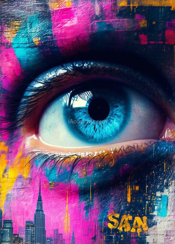 Imagen generada por IA en la comunidad IAcomuia: A highly detailed close-up of a human eye with a vibrant blue iris. the eye reflects a neon-lit urban environment with towering skyscrapers. the skin around the eye is adorned with intricate, colorful graffiti tattoos. the graffiti designs blend with grunge textures and mechanical elements, such as gears and pipes. the lighting is vivid, creating sharp contrasts between light and shadow. the background is dark and blurred. the overall image has a cyberpunk aesthetic. by sasan