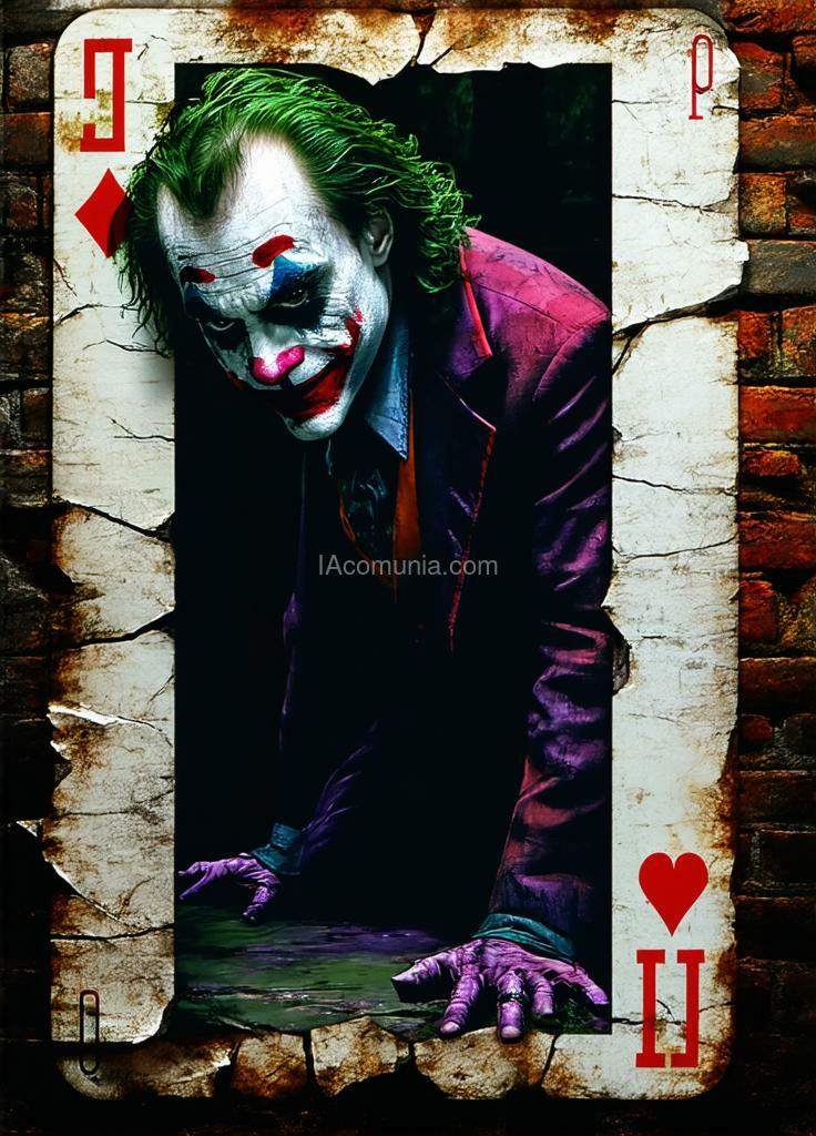 Imagen generada por IA en la comunidad IAcomuia: A hauntingly realistic portrayal of the joker character from a card game. he is depicted leaning against a dingy brick wall, with his signature green hair, red suit, and grotesque makeup. the joker appears to be emerging from the card itself, with his right foot fully on the ground and his left foot still touching the card's edge. the card's border is visible, giving a surreal impression of the character stepping into reality. the background is dark and slightly blurred, adding to the eerie atmosphere.