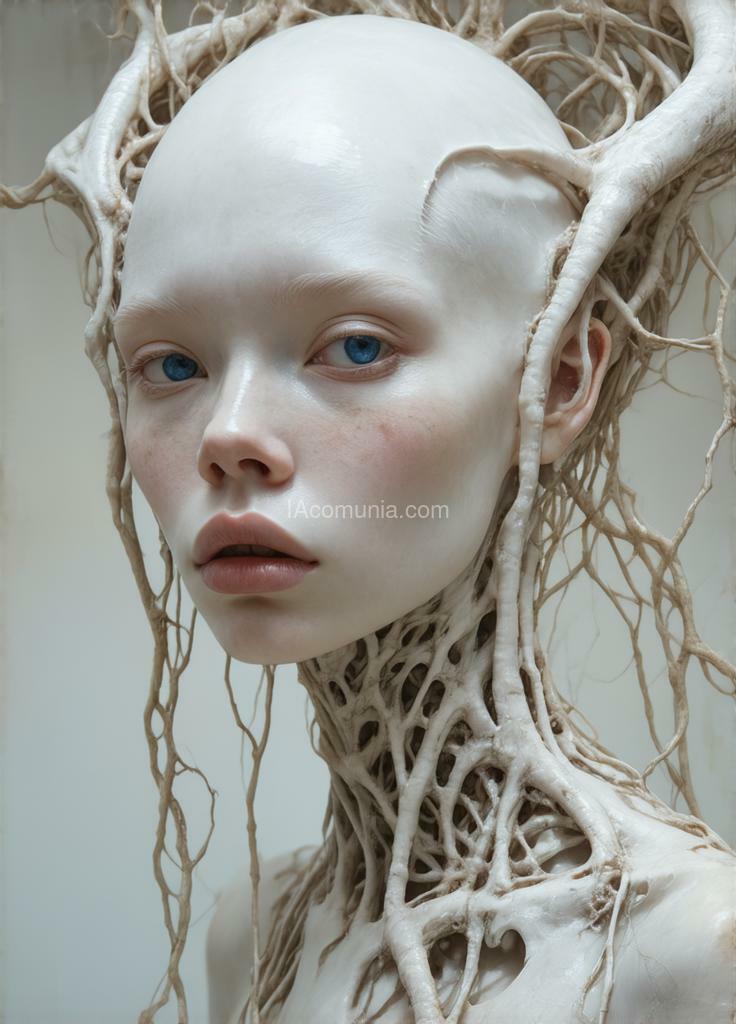 Imagen generada por IA en la comunidad IAcomuia: A woman with an entity - skinned on her head, porcelain pale skin, topological renders, hi-fructose art magazine, artforum, some tendrils are intertwining with her hair, vines, yasuke 5 0 0 px models, wearing jewellery, bilateral symmetry, albino, 32k, indigo"