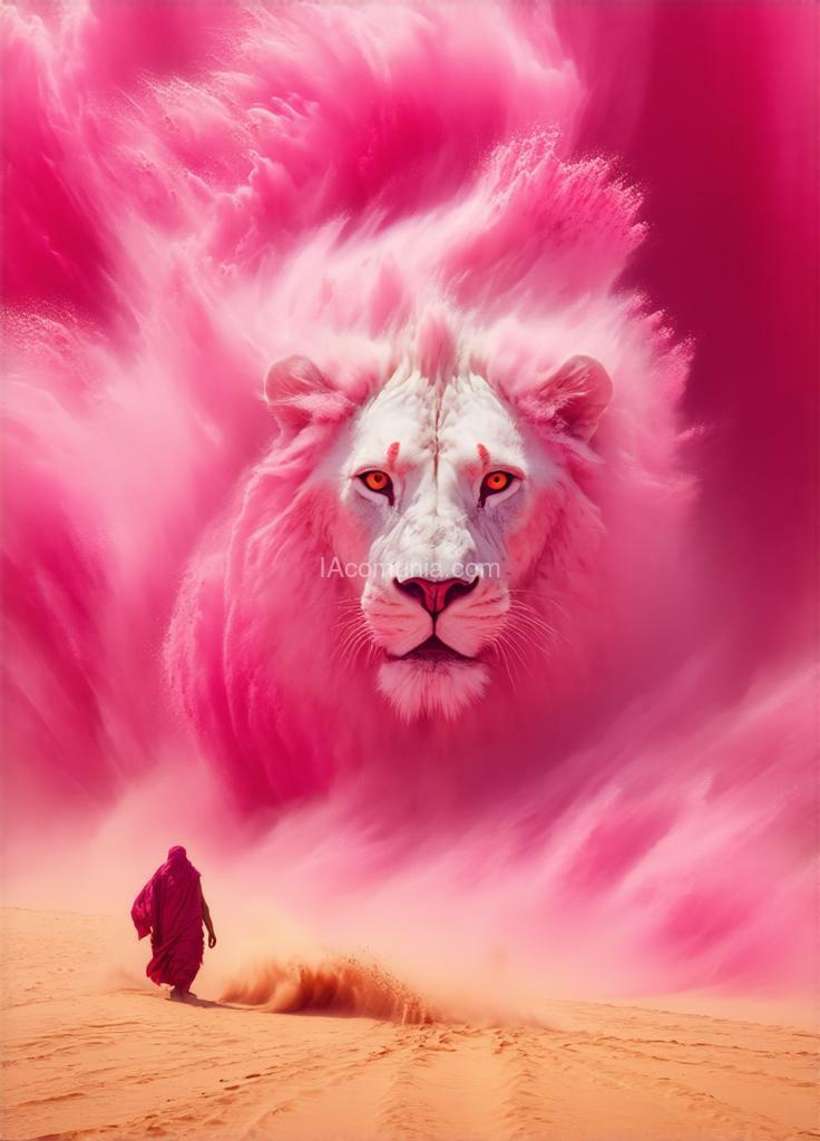 Imagen generada por IA en la comunidad IAcomuia: A stunning, high-resolution 8k masterpiece featuring a dramatic abstract interpretation of a massive pink sandstorm raging through the desert. the swirling pink dust and sand create a chaotic, turbulent scene, reminiscent of a roaring white lion. the white lion's body is enveloped by the wind, while its vivid, fierce expression captures the intensity of the tempest. amidst the turmoil, a solitary figure dressed in robes walks confidently towards the lion's face, braving the destructive elements. the warm orange light penetrates the chaos, casting a serene glow on the scene. the soft, realistic lighting and perfectly detailed visuals create an awe-inspiring wide long shot. hand-signed by the renowned artist "el magnifico" in the bottom right corner, this piece is truly a visual masterpiece.