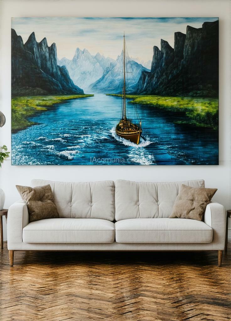 Imagen generada por IA en la comunidad IAcomuia: A surreal photograph of a river floating out of an oil painting on a living room wall and spilling over a couch and the wooden floor. the painting depicts a tranquil river between mountains. a ship gently bobbing in the water and entering the living room. the river's edge spills onto the wooden floor, merging the world of art with reality. the living room is adorned with tasteful furniture and a warm, inviting atmosphere., cinematic, photo, poster