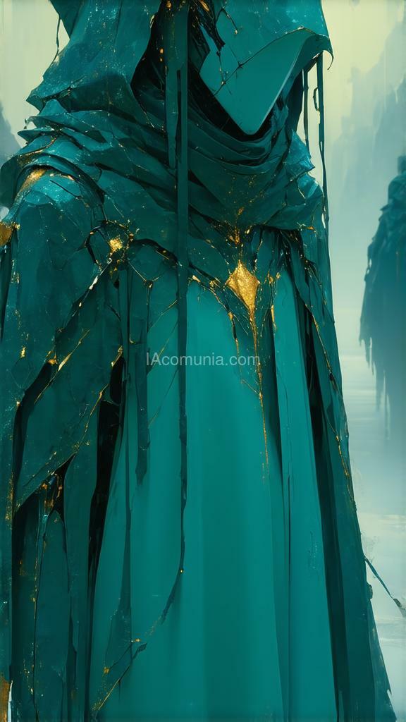 Imagen generada por IA en la comunidad IAcomuia: Ethereal, minimalist, alien race, cybergoth, (cyberware:1.25), fashion photography, painting, in the style of teal and gold, use of palette knives, (waist-high portrait:1.2), intricate, sharp_focus, concept art, background zentangle fog.