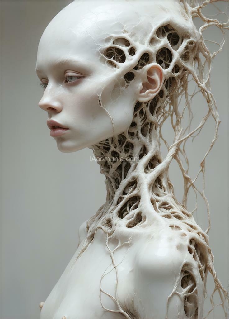 Imagen generada por IA en la comunidad IAcomuia: A woman with an entity - skinned on her head, porcelain pale skin, topological renders, hi-fructose art magazine, artforum, some tendrils are intertwining with her hair, vines, yasuke 5 0 0 px models, wearing jewellery, bilateral symmetry, albino, 32k, indigo, mindless machines style