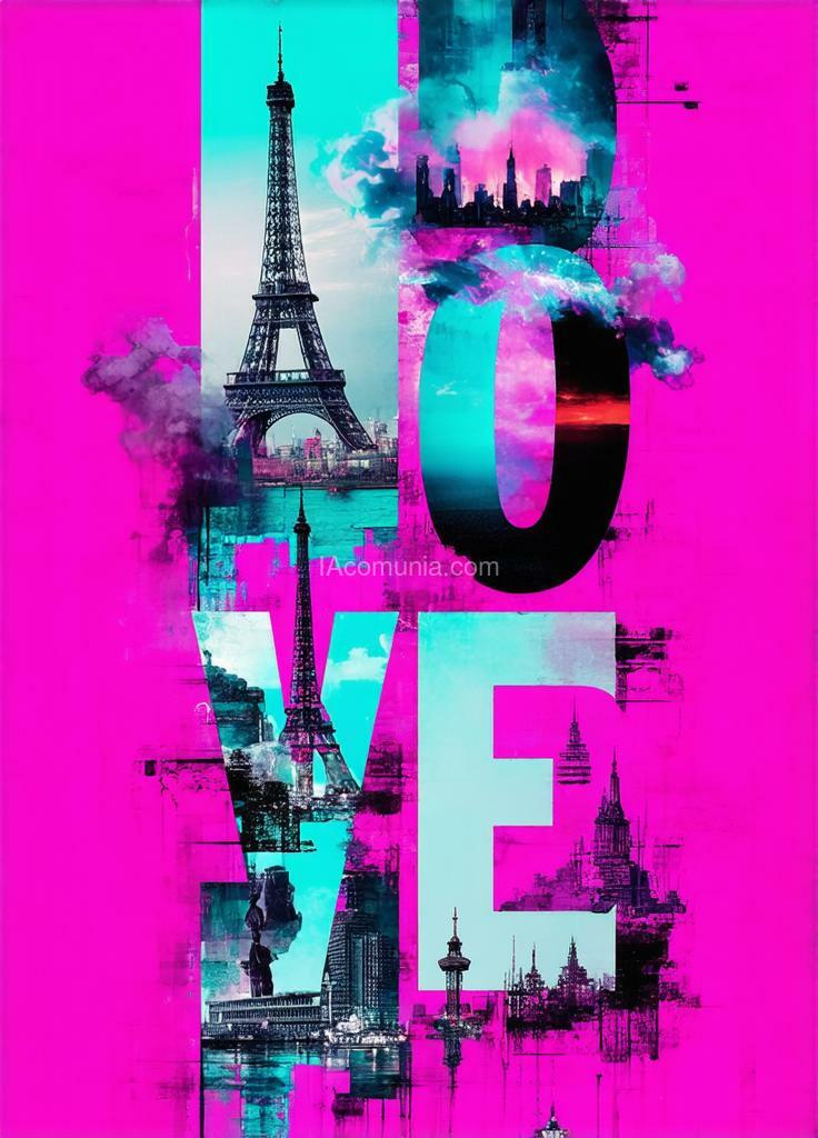 Imagen generada por IA en la comunidad IAcomuia: A stunning high-contrast, cinematic-style vertical collage of iconic landmarks and scenes from the tecnology, futuristic, with each letter of "love" with smoking pink and cyan featuring a different, dynamic scene. the overall mood is calm, capturing the essence of tecnology, futuristic. by sasan