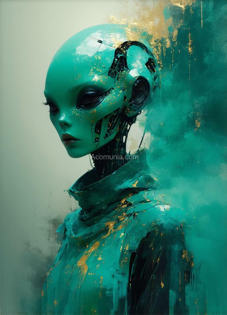 Imagen generada por IA en la comunidad IAcomuia: Ethereal, minimalist, alien race, cybergoth, cyberware, fashion photography, painting, in the style of teal and gold, use of palette knives, waist-high portrait, intricate, sharp_focus, concept art, background zentangle fog.