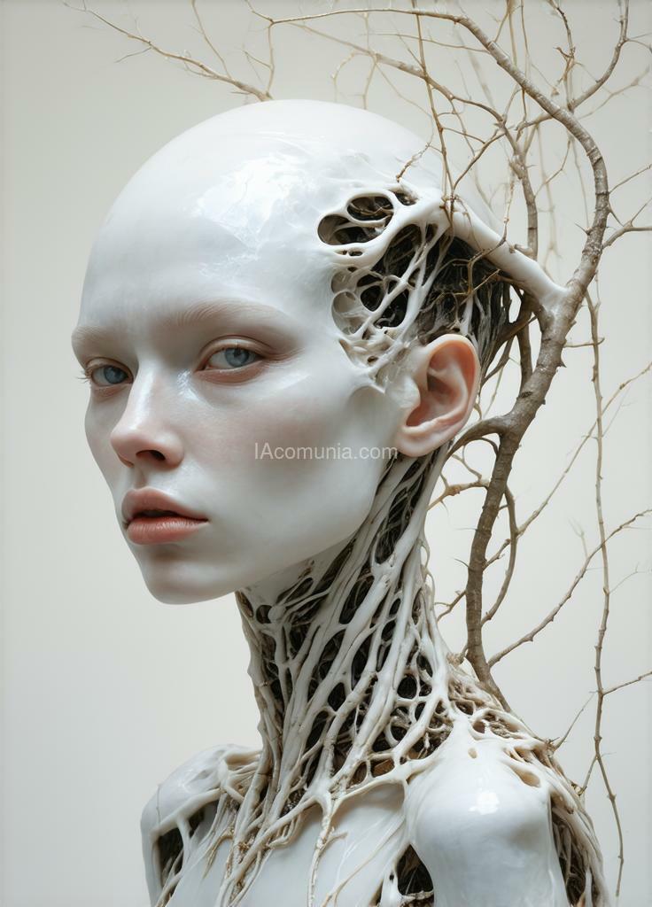 Imagen generada por IA en la comunidad IAcomuia: A woman with an entity - skinned on her head, porcelain pale skin, topological renders, hi-fructose art magazine, artforum, some tendrils are intertwining with her hair, vines, yasuke 5 0 0 px models, wearing jewellery, bilateral symmetry, albino, 32k, indigo, metal melancholia style