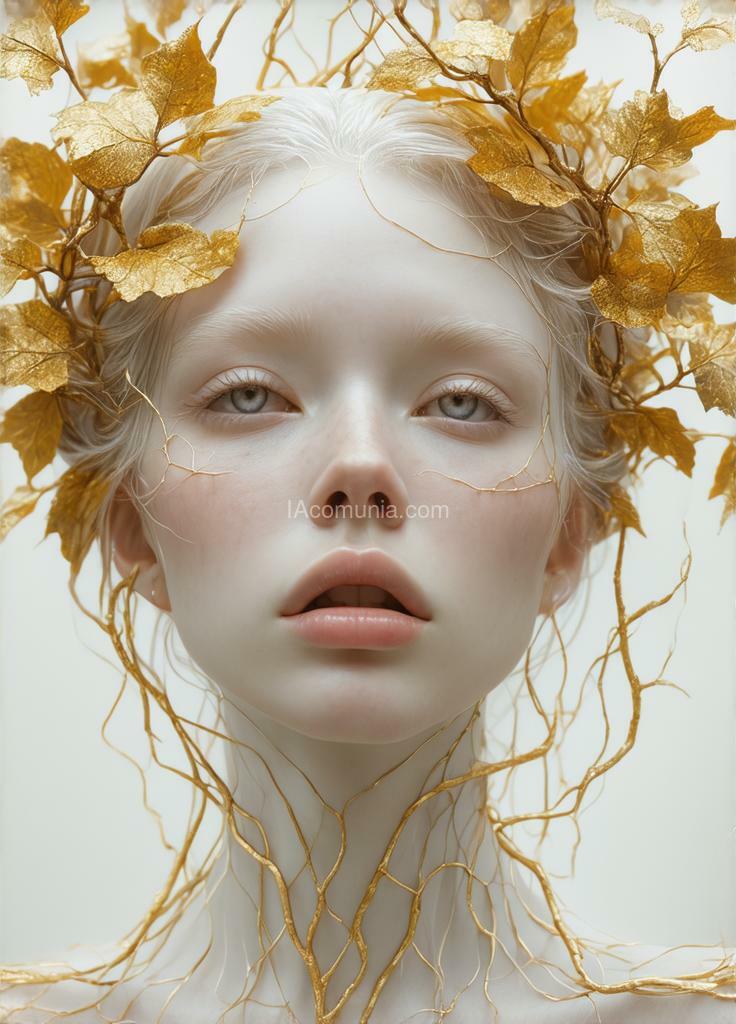 Imagen generada por IA en la comunidad IAcomuia: A woman with golden leaves on her head, porcelain pale skin, topological renders, hi-fructose art magazine, artforum, some tendrils are intertwining with her hair, vines, yasuke 5 0 0 px models, wearing jewellery, bilateral symmetry, albino, 32k, indigo, golden delicious style