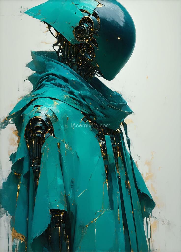 Imagen generada por IA en la comunidad IAcomuia: Ethereal, minimalist, alien race, cybergoth, cyberware, fashion photography, painting, in the style of teal and gold, use of palette knives, waist-high portrait, intricate, sharp_focus, concept art, background zentangle fog.