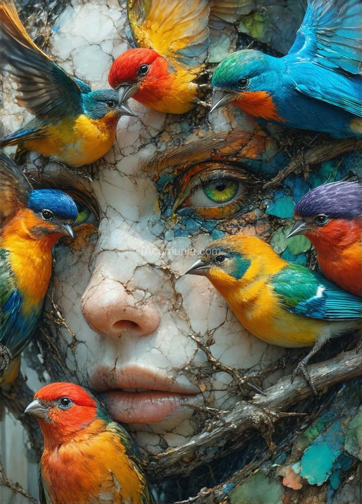 Imagen generada por IA en la comunidad IAcomuia: Macro shot of a face with vibrant, multi-colored birds perched and in flight, defying gravity around the grotesque countenance of a walker, inspired by the visionary styles of sam szafran, adrian donoghue, alberto seveso, anna dittmann, arthur rackham, and h.r. giger, composition focuses on symmetry and intricate designs akin to jenny saville and edward hopper, inf