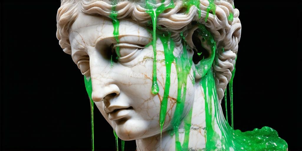 Imagen generada por IA en la comunidad IAcomuia: A weathered, classical greek marble statue of a woman's head, positioned at a slight 3/4 angle facing left, against a pure black background. hyper-detailed 8k texture showing fine cracks, moss patches, and erosion marks on the marble surface. thick, viscous emerald-green liquid (#006400) streams down from the statue's eyes like tears, creating glossy rivulets that catch light. the liquid has a toxic, chemical sheen with subtle bioluminescent qualities. several drops of the green substance are frozen mid-fall, with perfect reflection and refraction details. the statue's expression is serene but sorrowful, with highly detailed classical features including defined eyelashes, fine nose bridge, and slightly parted lips. soft, dramatic lighting from above-right creates sharp shadows and highlights the translucent quality of the green tears. small particles of marble dust float in the black void around the statue's head. photorealistic marble texture with visible crystalline structure and subtle veining. the green liquid pools at the base of the frame with an oil-like surface tension.