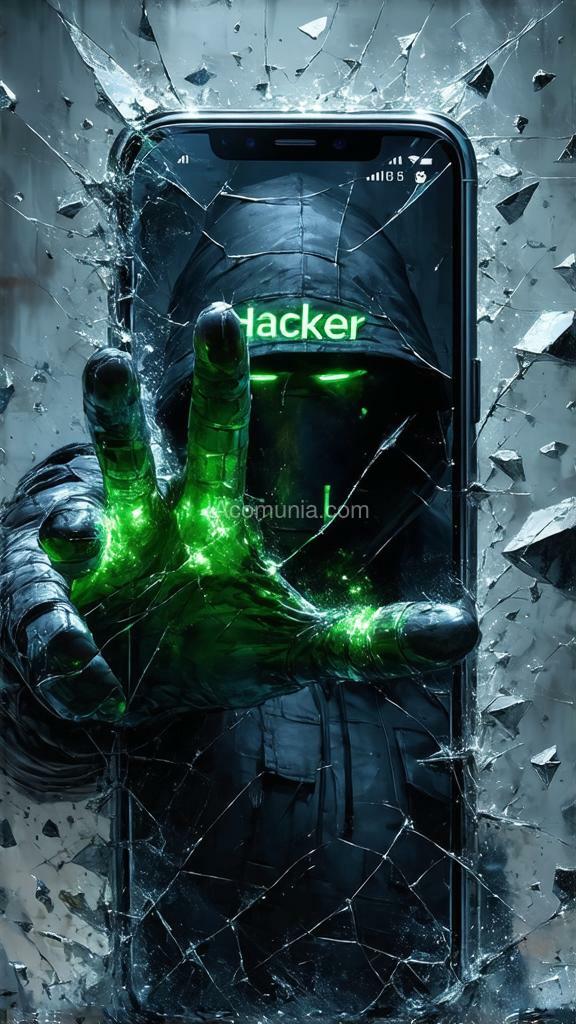 Imagen generada por IA en la comunidad IAcomuia: Realistic, detailed, accurate, hdr, stunning digital oil painting captures cybercriminal hacker emerging from the shattered screen of a sleek dark grey android cell phone with hand reaching out of the phone grabbing the viewer. the cracked display showcases the cybercriminal hacker ‘s upper body with glowing green tattoo “hacker” on his forehead while the surrounding glass shards create a sense of depth. in the background, the light dark grey hue continues, with an explosion of glass from the cell phone screen, adding to the surreal and dreamlike atmosphere.