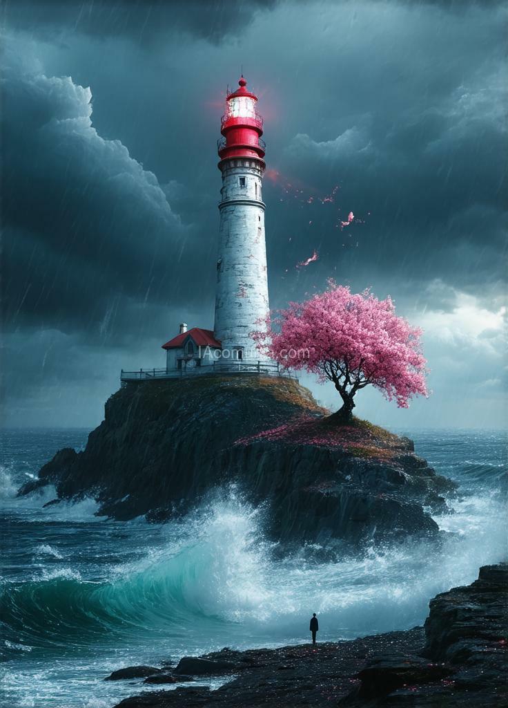 Imagen generada por IA en la comunidad IAcomuia: "a hyper-realistic surrealist scene of a towering lighthouse perched on a rocky cliff, illuminated against the backdrop of a stormy sky. the lighthouse, painted in contrasting white and red, stands resilient as large waves crash against the shore below. a vibrant cherry blossom tree, its pink petals in full bloom, contrasts dramatically with the dark, turbulent sea and ominous clouds. the fine details of the waves, with foam spraying up, and the delicate texture of the blossoms enhance the tension between the harshness of the storm and the fragile beauty of the tree. a lone figure, small and serene, stands at the edge of the cliff, adding an element of mystery. created by sasan."