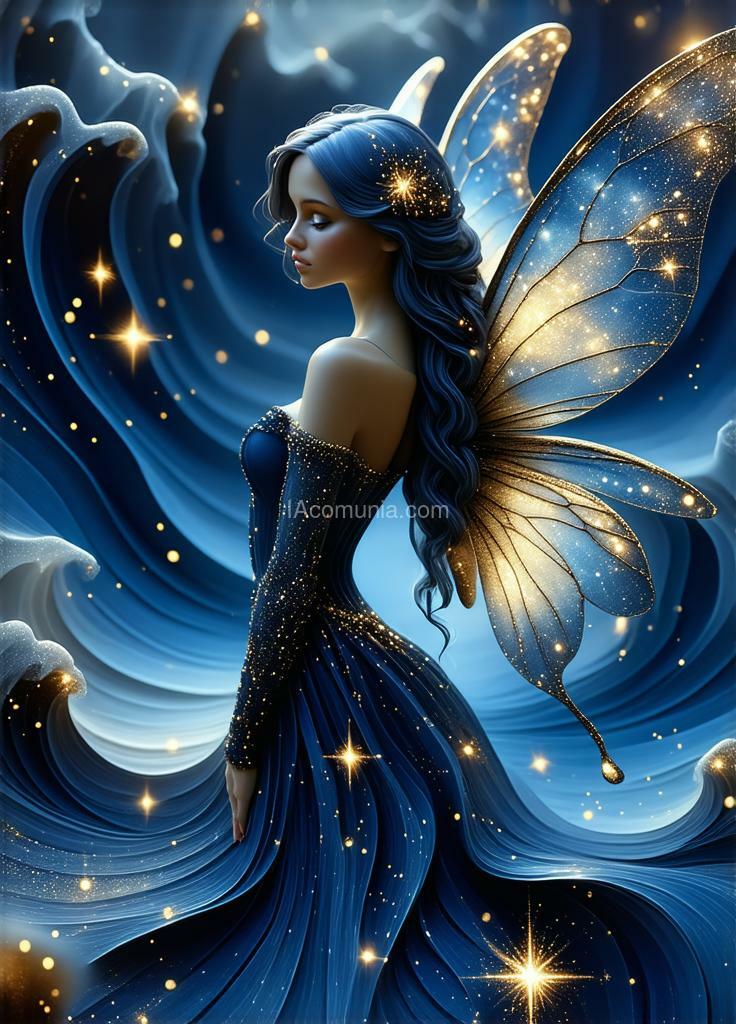 Imagen generada por IA en la comunidad IAcomuia: A photorealistic 3d artwork of a stunning fairy with a navy blue and gold theme inspired by nautical and celestial elements. the fairy's long, flowing hair in deep navy blue cascades down her back, resembling the elegant waves of the ocean. her eyes, a luminous gold, glow with an intense, starlike radiance that adds a mesmerizing depth to her presence. her wings, delicate yet intricately detailed, feature magical patterns that evoke nautical charts and constellation maps, with intricate gold lines intersecting against a navy blue background. she is dressed in a gown made of shimmering, layered fabric that reflects the rich, regal tones of deep ocean waters and golden sunlight, giving her an ethereal, majestic elegance. the scene is enveloped in swirling fractal patterns reminiscent of maritime navigation charts and celestial diagrams, creating a sophisticated and mystical atmosphere that enhances the fairy's captivating beauty. the overall composition is rich in depth and luminosity, with a magical, almost cosmic quality that brings the fairy and her surroundings to life in a dramatic interplay of navy blue and gold.