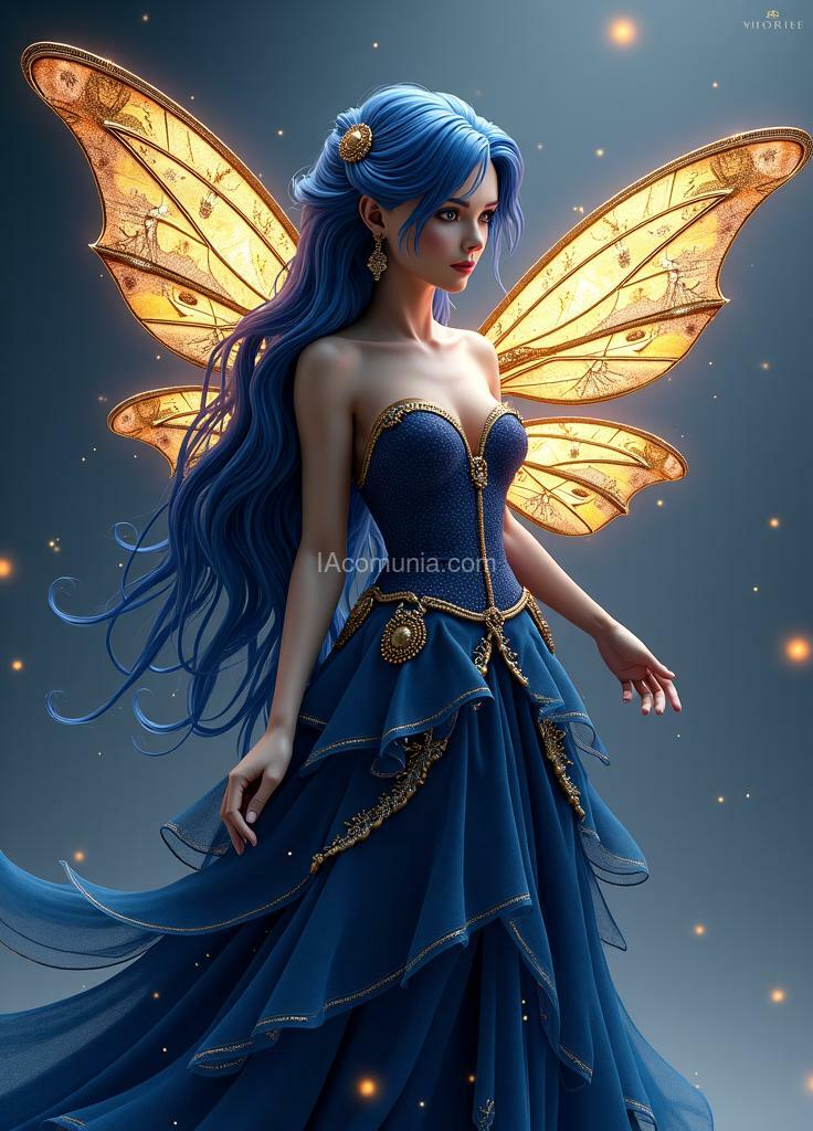 Imagen generada por IA en la comunidad IAcomuia: A photorealistic 3d artwork of a stunning fairy with a navy blue and gold theme inspired by nautical and celestial elements. the fairy's long, flowing hair in deep navy blue cascades down her back, resembling the elegant waves of the ocean. her eyes, a luminous gold, glow with an intense, starlike radiance that adds a mesmerizing depth to her presence. her wings, delicate yet intricately detailed, feature magical patterns that evoke nautical charts and constellation maps, with intricate gold lines intersecting against a navy blue background. she is dressed in a gown made of shimmering, layered fabric that reflects the rich, regal tones of deep ocean waters and golden sunlight, giving her an ethereal, majestic elegance. the scene is enveloped in swirling fractal patterns reminiscent of maritime navigation charts and celestial diagrams, creating a sophisticated and mystical atmosphere that enhances the fairy's captivating beauty. the overall composition is rich in depth and luminosity, with a magical, almost cosmic quality that brings the fairy and her surroundings to life in a dramatic interplay of navy blue and gold.