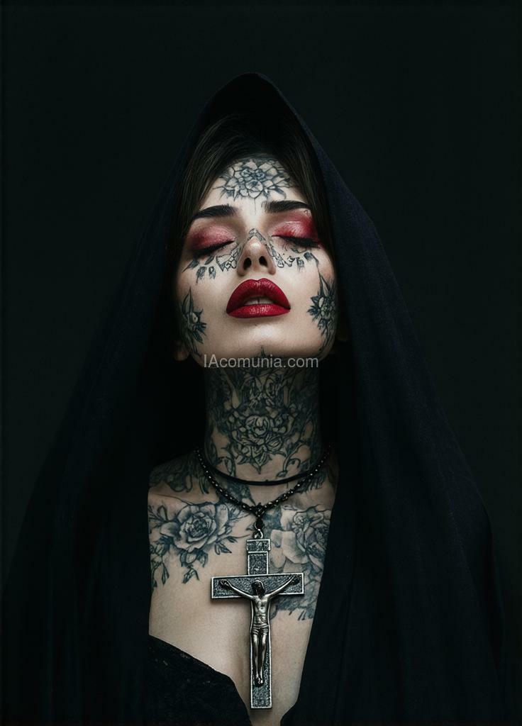 Imagen generada por IA en la comunidad IAcomuia: A hauntingly beautiful portrait of a woman with intricate floral tattoos covering her face and neck, wearing a dark hooded cloak. **created by sasan** her head is tilted back, eyes closed, and her lips are painted in a deep red, creating a mysterious and ethereal aura. she wears a large, detailed crucifix necklace, adding a symbolic, almost gothic element to the image. the background is completely dark, emphasizing her serene expression and the delicate tattoo patterns. the lighting is soft yet dramatic, casting shadows that highlight the textures and depth in her tattoos and face, creating a surreal, almost religious visual. **created by sasan**