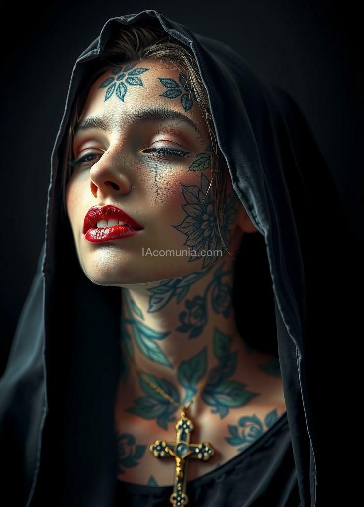 Imagen generada por IA en la comunidad IAcomuia: A hauntingly beautiful portrait of a woman with intricate floral tattoos covering her face and neck, wearing a dark hooded cloak. **created by sasan** her head is tilted back, eyes closed, and her lips are painted in a deep red, creating a mysterious and ethereal aura. she wears a large, detailed crucifix necklace, adding a symbolic, almost gothic element to the image. the background is completely dark, emphasizing her serene expression and the delicate tattoo patterns. the lighting is soft yet dramatic, casting shadows that highlight the textures and depth in her tattoos and face, creating a surreal, almost religious visual. **created by sasan**