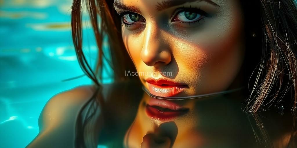 Imagen generada por IA en la comunidad IAcomuia: Close- up of a latina woman's face reflected in the vibrant blue waters of laguna de bacalar, her expression calm and introspective, with soft shadows enhancing the tropical noir ambiance.