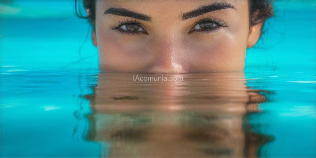 Imagen generada por IA en la comunidad IAcomuia: Close- up of a latina woman's face reflected in the vibrant blue waters of laguna de bacalar, her expression calm and introspective, with soft shadows enhancing the tropical noir ambiance.