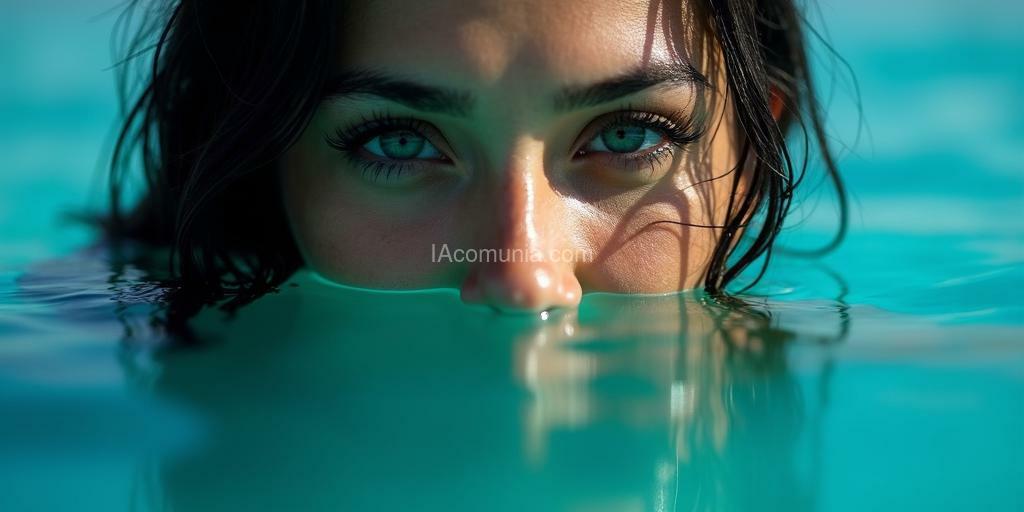 Imagen generada por IA en la comunidad IAcomuia: Close- up of a latina woman's face reflected in the vibrant blue waters of laguna de bacalar, her expression calm and introspective, with soft shadows enhancing the tropical noir ambiance.