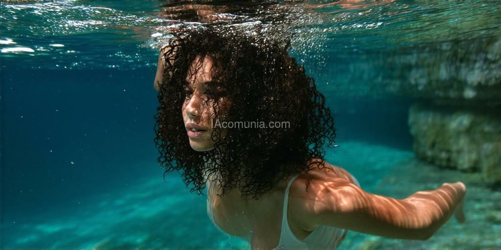 Imagen generada por IA en la comunidad IAcomuia: Underwater shot of a latina woman with tanned skin and dark curly hair, diving in the clear waters of cenote dos ojos. her hair flows naturally, appearing wet and submerged, as it moves with the gentle current. light filters down from above, casting an ethereal glow in the tranquil water, creating a dreamy and serene atmosphere.