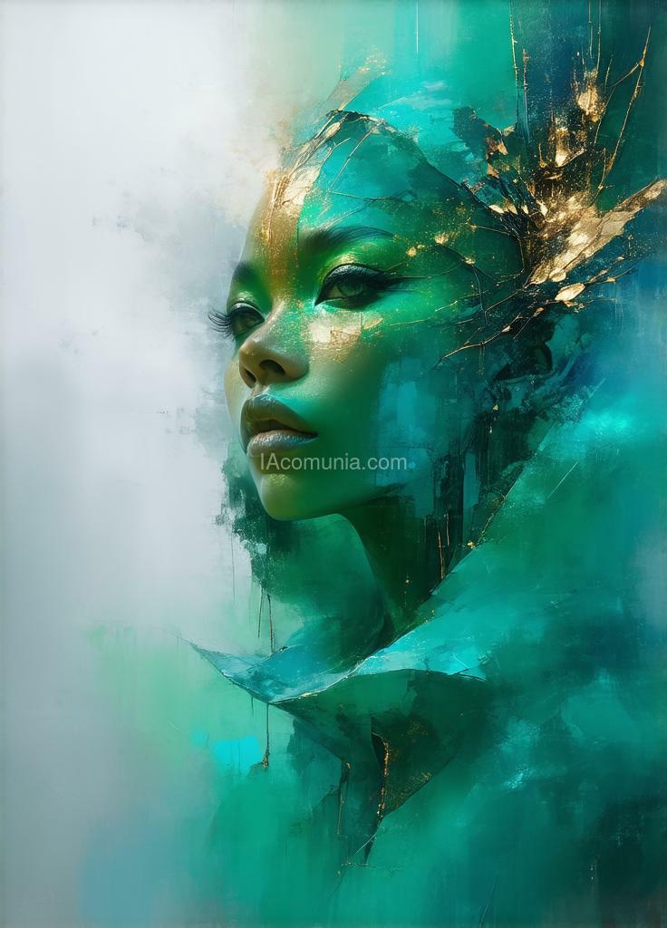 Imagen generada por IA en la comunidad IAcomuia: Ethereal, minimalist, alien race, cybergoth, cyberware, fashion photography, painting, in the style of teal and gold, use of palette knives, waist-high portrait, intricate, sharp_focus, concept art, background zentangle fog.