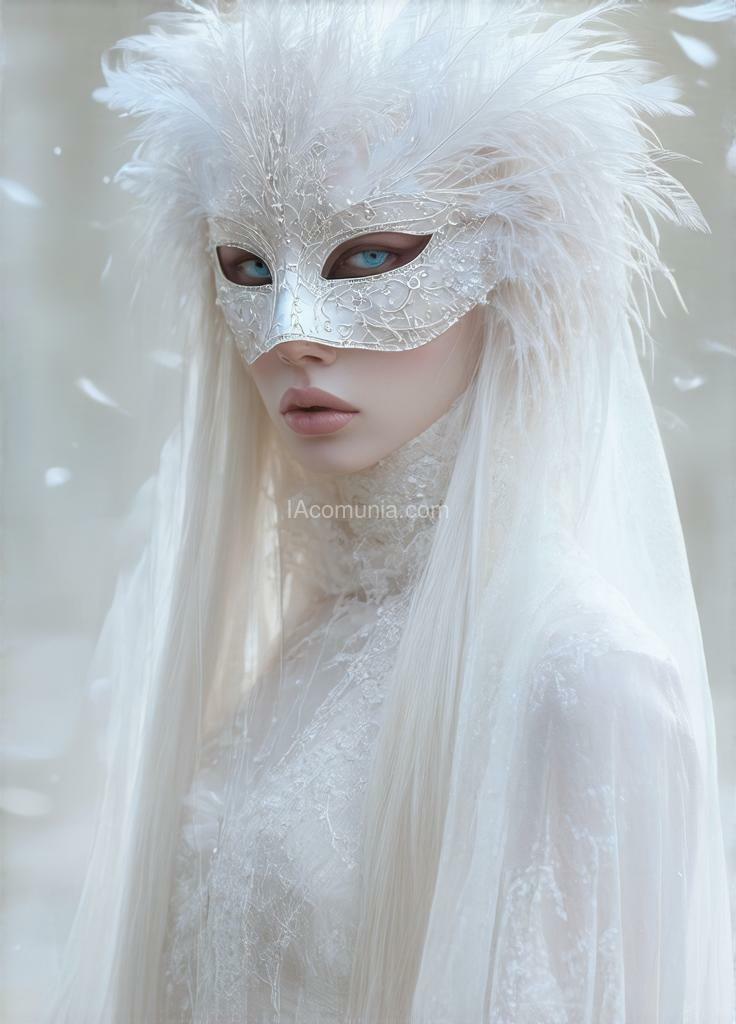 Imagen generada por IA en la comunidad IAcomuia: Super detailed hyper-realistic surreal image of an ethereal woman with long, flowing white hair, wearing an intricately designed white mask adorned with delicate feather-like elements. her pale skin and light blue eyes give her an otherworldly appearance, creating a sense of purity and mystery. the soft lighting enhances the translucent quality of her robe, which flows gently around her. the minimal background, with soft pastel tones, keeps the focus on her serene and enigmatic expression. the overall composition blends elegance with a dreamlike, almost celestial aura. created by sasan.