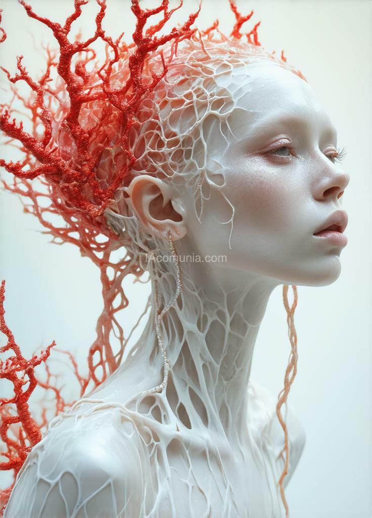 Imagen generada por IA en la comunidad IAcomuia: A woman with coral red vibrants metalics leaves on her head, porcelain pale skin, topological renders, hi-fructose art magazine, artforum, some tendrils are intertwining with her hair, vines, yasuke 5 0 0 px models, wearing jewellery, bilateral symmetry, albino, 32k, indigo, golden delicious style cambia ese prompt por colores rosa