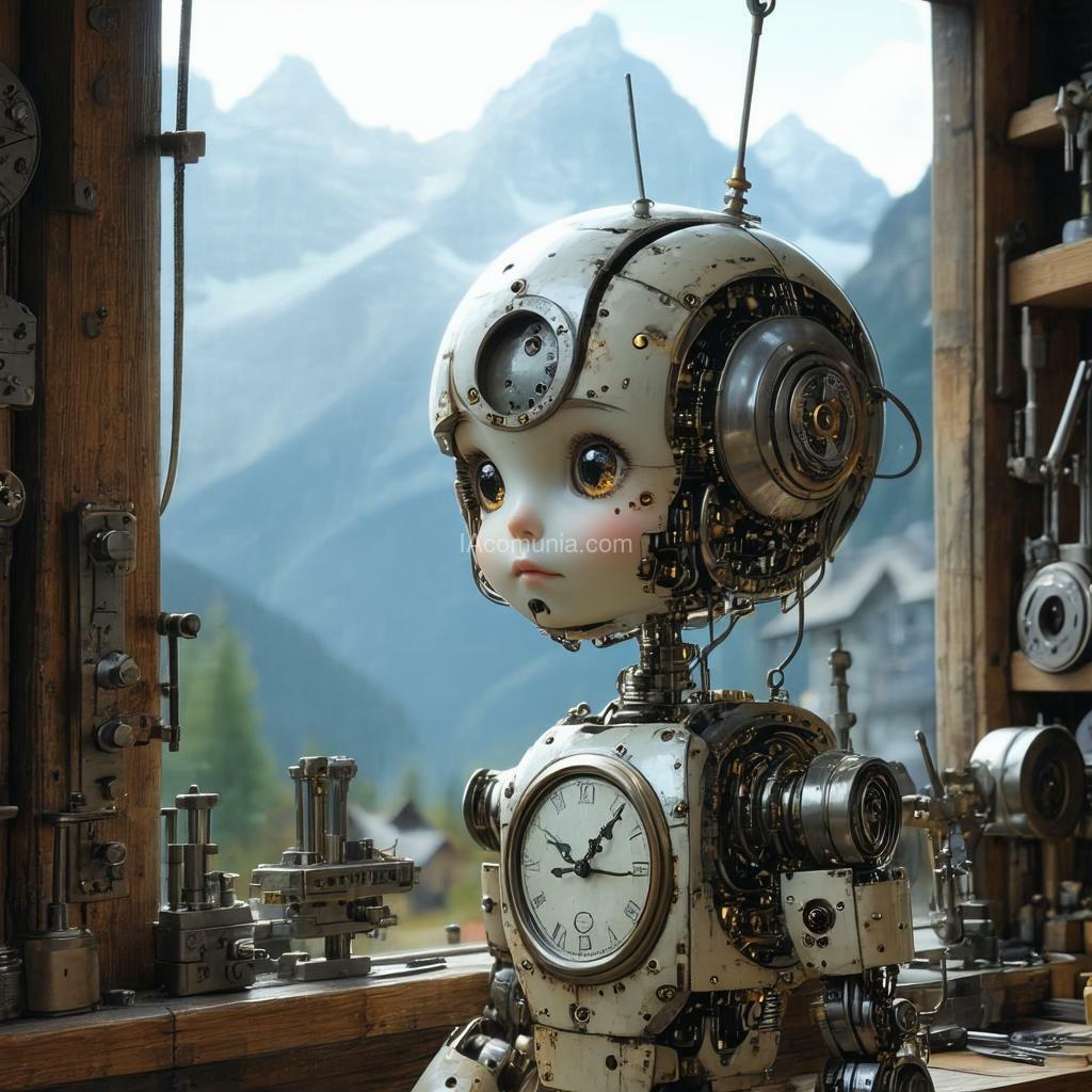 Imagen generada por IA en la comunidad IAcomuia: A clockwork robot girl, she has cute robot features and lives in a clockmaker’s workshop in the swiss alps, she very anthropomorphic more of a clockwork android than robot. through a window in the workshop you can see the mountains