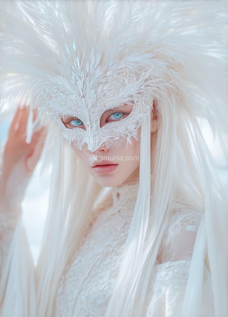 Imagen generada por IA en la comunidad IAcomuia: Super detailed hyper-realistic surreal image of an ethereal woman with long, flowing white hair, wearing an intricately designed white mask adorned with delicate feather-like elements. her pale skin and light blue eyes give her an otherworldly appearance, creating a sense of purity and mystery. the soft lighting enhances the translucent quality of her robe, which flows gently around her. the minimal background, with soft pastel tones, keeps the focus on her serene and enigmatic expression. the overall composition blends elegance with a dreamlike, almost celestial aura. created by sasan.