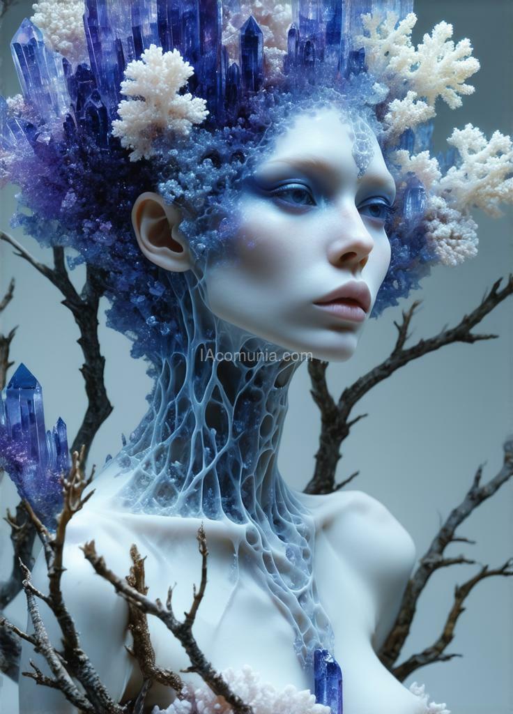 Imagen generada por IA en la comunidad IAcomuia: A woman with indigo crystalline formations and corals on her head, porcelain pale skin, topological renders, hi-fructose art magazine, artforum, some formations are touching her, twigs, yasuke 500px models, wearing jewelry, bilateral symmetry, albino, 32k.