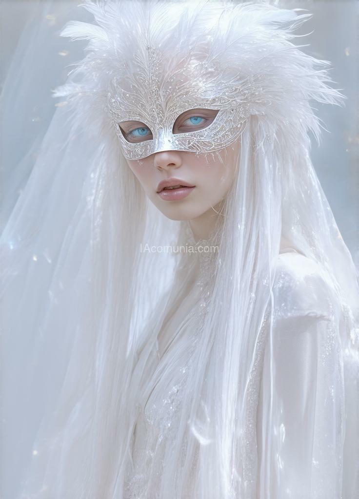 Imagen generada por IA en la comunidad IAcomuia: Super detailed hyper-realistic surreal image of an ethereal woman with long, flowing white hair, wearing an intricately designed white mask adorned with delicate feather-like elements. her pale skin and light blue eyes give her an otherworldly appearance, creating a sense of purity and mystery. the soft lighting enhances the translucent quality of her robe, which flows gently around her. the minimal background, with soft pastel tones, keeps the focus on her serene and enigmatic expression. the overall composition blends elegance with a dreamlike, almost celestial aura. created by sasan.