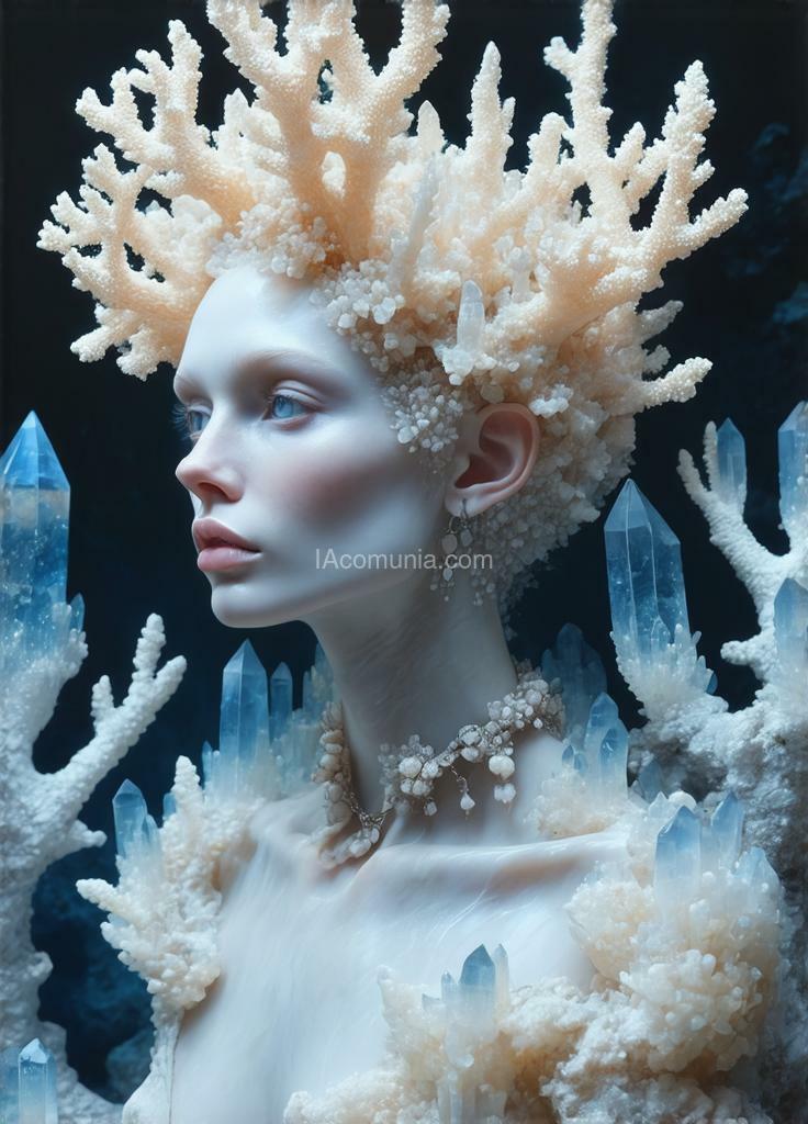 Imagen generada por IA en la comunidad IAcomuia: A woman with indigo crystalline formations and corals on her head, porcelain pale skin, topological renders, hi-fructose art magazine, artforum, some formations are touching her, twigs, yasuke 500px models, wearing jewelry, bilateral symmetry, albino, 32k.