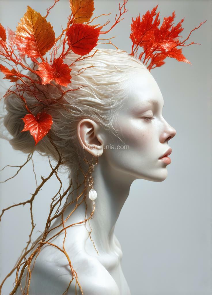 Imagen generada por IA en la comunidad IAcomuia: A woman with coral red vibrants metalics leaves on her head, porcelain pale skin, topological renders, hi-fructose art magazine, artforum, some tendrils are intertwining with her hair, vines, yasuke 5 0 0 px models, wearing jewellery, bilateral symmetry, albino, 32k, indigo, golden delicious style cambia ese prompt por colores rosa